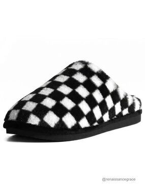 Fuzzy Memory Foam Slippers Checkered Plush Slip On House Slipper